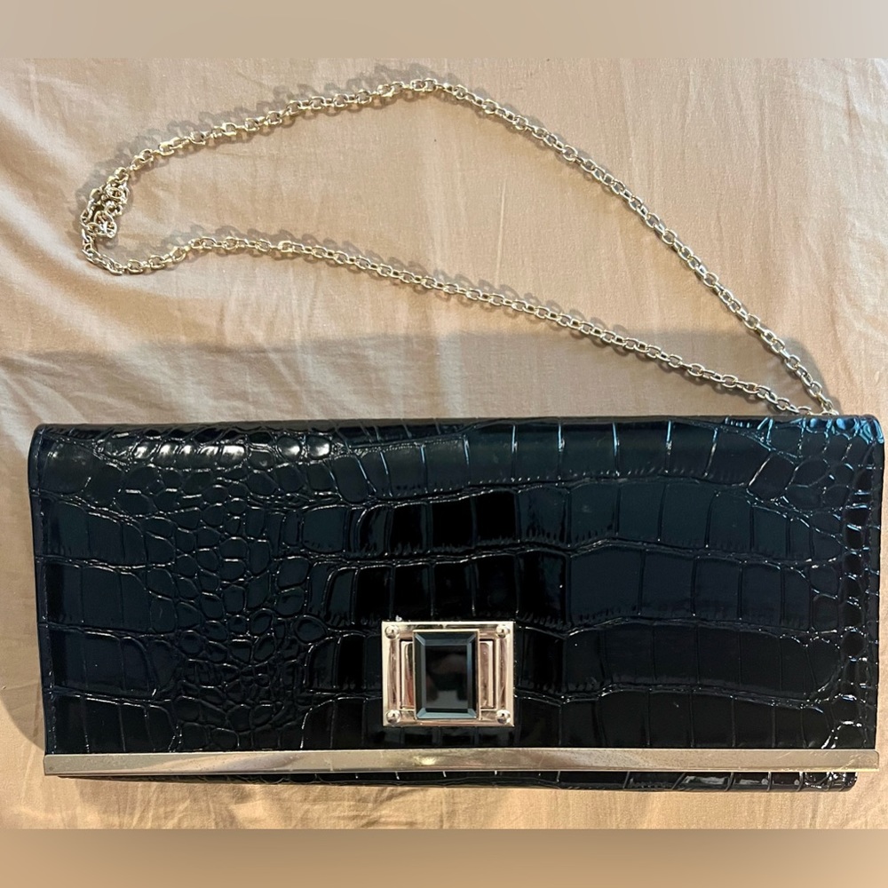 Black Croc-Embossed Chain Clutch - Unbranded